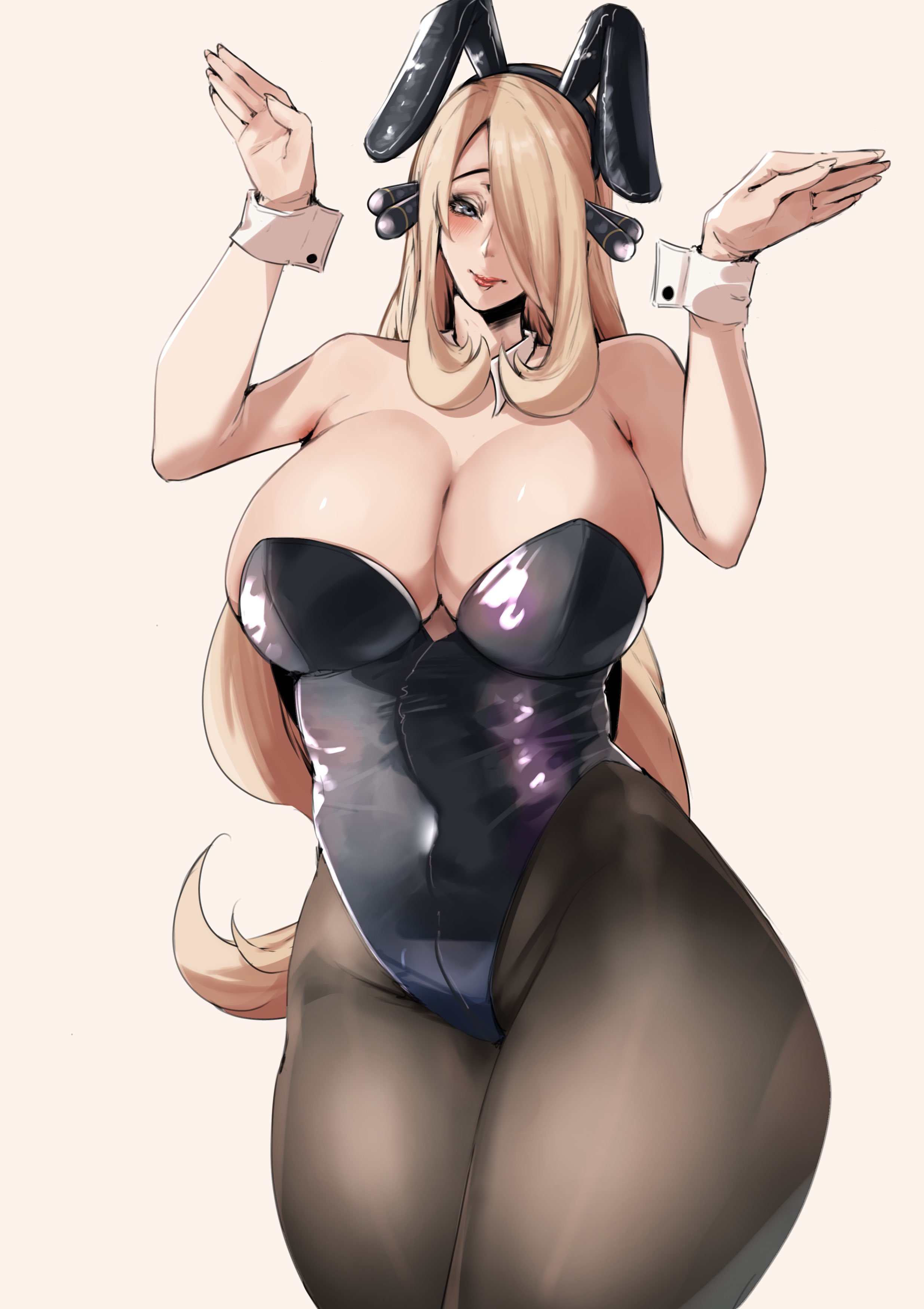 donkarasu vgc, cynthia (pokemon), nintendo, pokemon, pokemon dppt, 1girl, animal ear hairband, animal ears, black hairband, black leotard, black pantyhose, blonde hair, blush, breasts, cleavage, covered navel, detached collar, fake animal ears, grey eyes, hair ornament, hair over one eye, hairband, large breasts, leotard, lips, long hair, mature female, one eye covered, pantyhose, playboy bunny, rabbit ear hairband, rabbit ears, rabbit pose, red lips, smile, solo, standing, thick thighs, thighs, white background, wide hips, wrist cuffs
