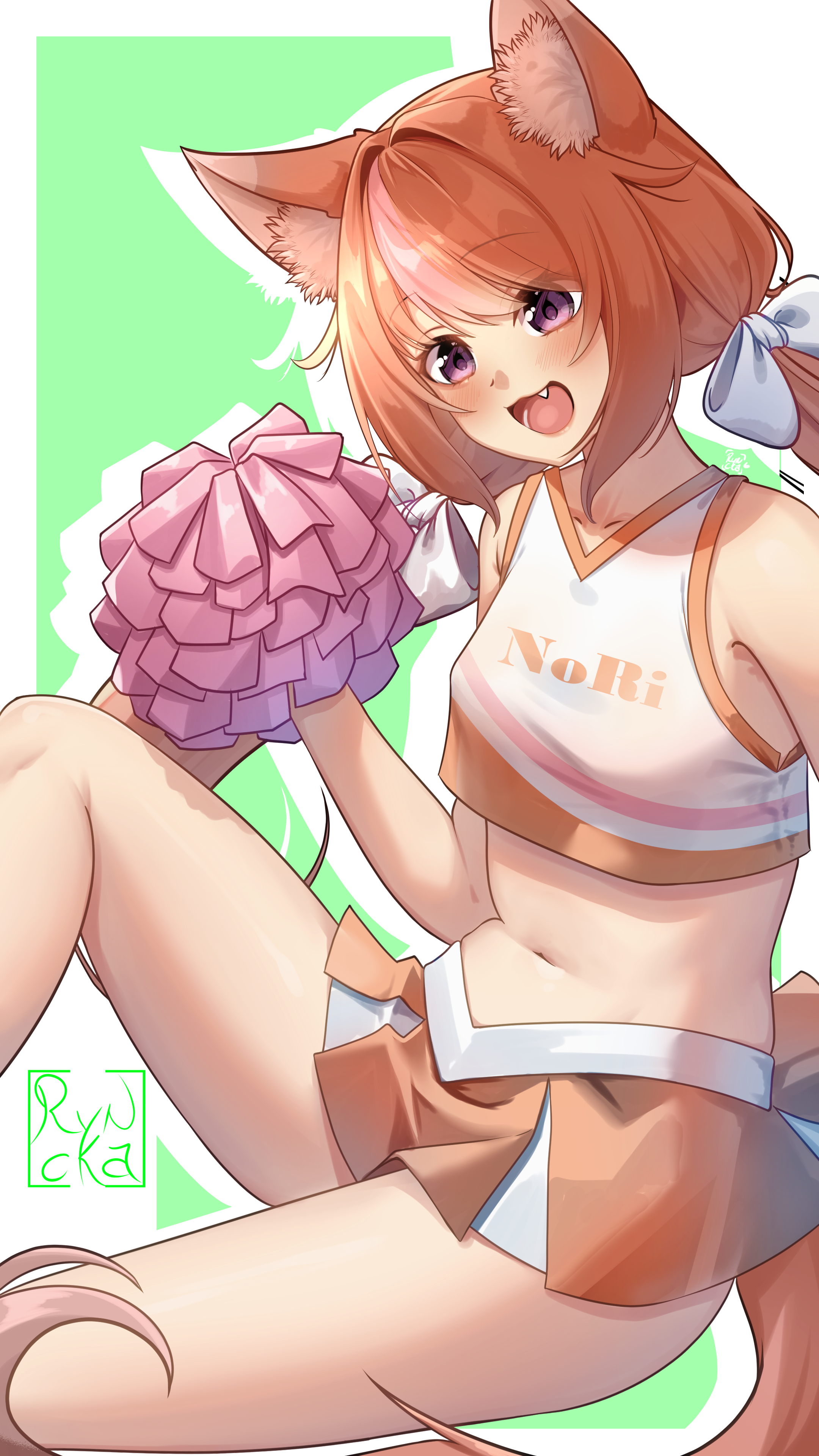 ryncka, nori sahara, indie virtual youtuber, 1girl, animal ears, artist name, blush, breasts, character name, cheerleader, collarbone, cropped shirt, eyebrows hidden by hair, fang, feet out of frame, female focus, fox ears, fox girl, fox tail, from side, green background, hand up, knee up, looking at viewer, low twintails, midriff, navel, open mouth, orange hair, orange shirt, orange skirt, pom pom (clothes), purple eyes, shirt, simple background, sitting, skirt, sleeveless, sleeveless shirt, small breasts, smile, solo, tail, twintails, two-tone background, two-tone shirt, two-tone skirt, virtual youtuber, white background, white shirt, white skirt