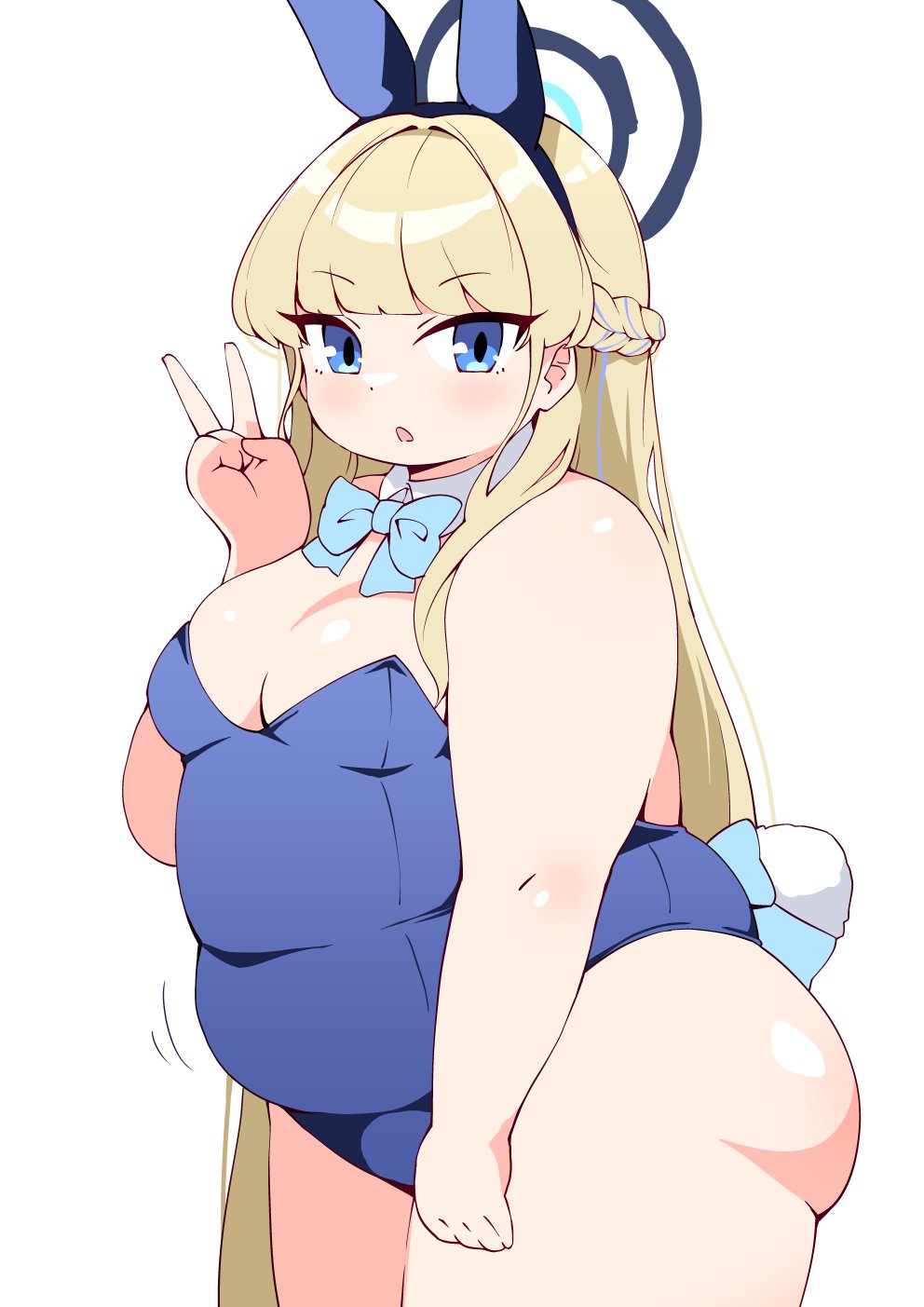 shiyo hodaka, toki (blue archive), toki (bunny) (blue archive), blue archive, 1girl, animal ear hairband, animal ears, blonde hair, blue eyes, blue hairband, blue leotard, blunt bangs, bow, bowtie, braid, breasts, cleavage, covered navel, crown braid, detached collar, fake animal ears, from side, hairband, halo, leotard, long hair, medium breasts, open mouth, playboy bunny, rabbit ear hairband, rabbit ears, rabbit tail, solo, standing, tail, thick arms, thick thighs, thighs, v, very long hair, white background