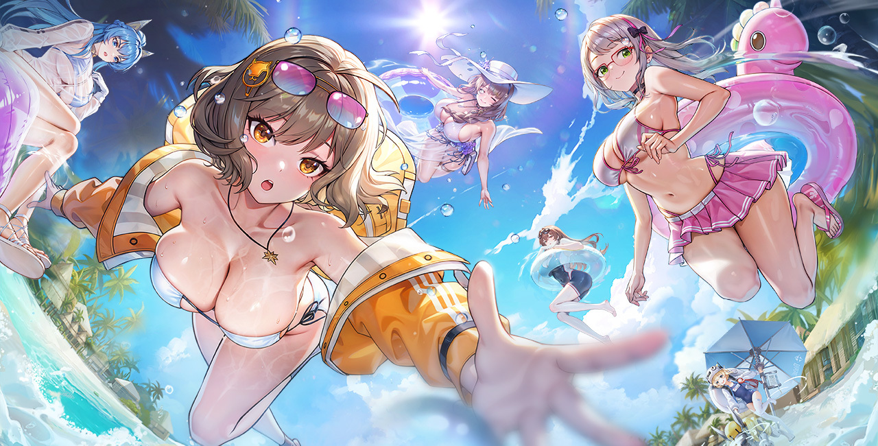 anis (nikke), anis (sparkling summer) (nikke), helm (aqua marine) (nikke), helm (nikke), liter (guardfish) (nikke), liter (nikke), mary (bay goddess) (nikke), mary (nikke), neon (blue ocean) (nikke), neon (nikke), rapi (classic vacation) (nikke), rapi (nikke), goddess of victory: nikke, bad link, official art, panorama, 6+girls, ahoge, armpits, beach, beach umbrella, bikini, bikini under clothes, black choker, blonde hair, blue bikini, blue eyes, blue hair, braid, braided ponytail, breasts, brown hair, choker, cleavage, closed eyes, cloud, collarbone, day, eyewear on head, glasses, gloves, green eyes, grey hair, hair ornament, hair over shoulder, hat, house, innertube, jewelry, large breasts, large hat, lens flare, long hair, long sleeves, midair, multicolored hair, multiple girls, navel, necklace, non-humanoid robot, ocean, official alternate costume, one-piece swimsuit, open mouth, outdoors, palm tree, ponytail, robot, robot animal, robot dog, sandals, see-through clothes, shirt, short hair, side-tie bikini bottom, sidelocks, sky, smile, streaked hair, sun, sun hat, swim ring, swimsuit, thighs, tree, umbrella, wet, wet clothes, wet shirt, white bikini, white gloves, yellow eyes