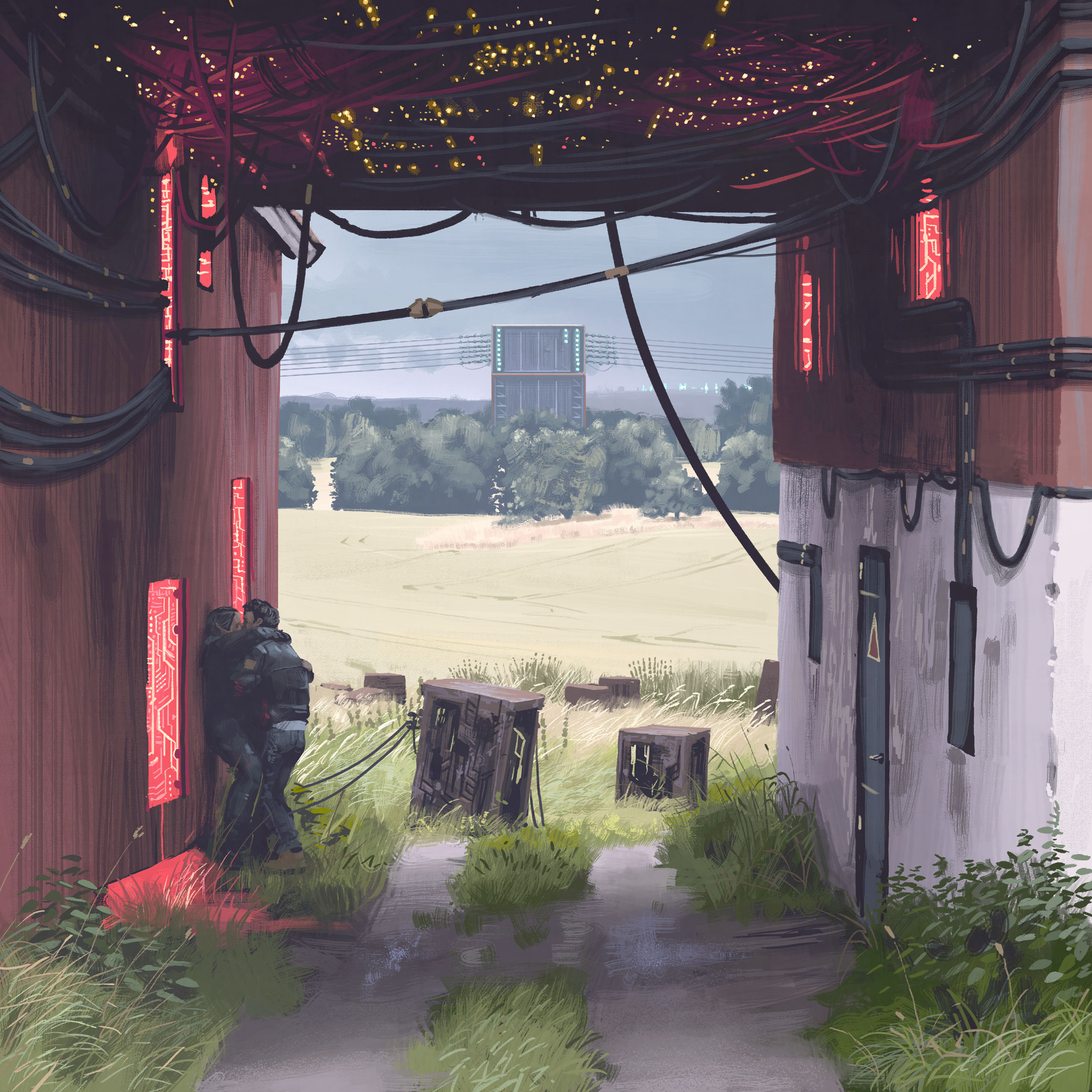 simon stalenhag, absurdres, highres, 2boys, black hair, black jacket, cable, cloud, cloudy sky, denim, door, field, grass, jacket, jeans, kiss, multiple boys, outdoors, pants, plant, power lines, science fiction, sky, standing, things from the flood, tree, yaoi