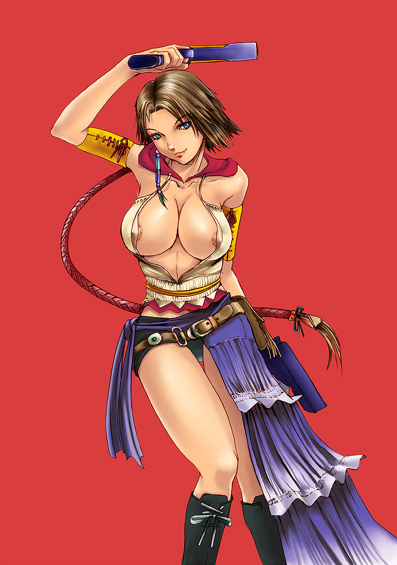 yuna, yuna (ff10), final fantasy, final fantasy x, final fantasy x-2, 00s, 1girl, black shorts, boots, breasts, dual wielding, female focus, gun, heterochromia, holding, knee boots, medium breasts, nipple slip, nipples, shorts, smile, solo, weapon