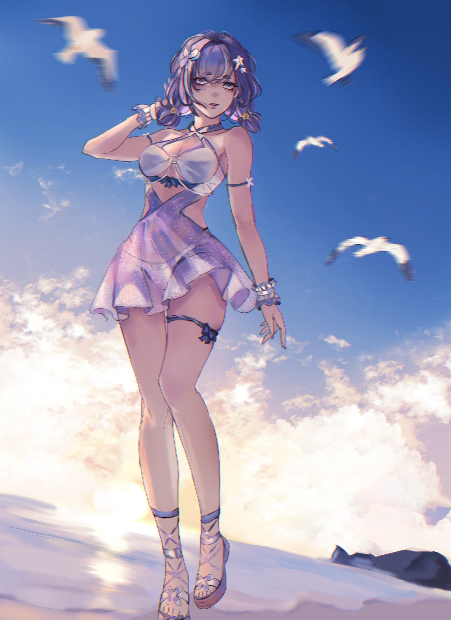 kuugasem, alisa (pgr), punishing: gray raven, highres, 1girl, beach, bird, dress, flower, full body, hair flower, hair ornament, ocean, purple eyes, purple hair, scrunchie, seagull, see-through clothes, see-through dress, short twintails, solo, star (symbol), star hair ornament, twintails, wrist scrunchie