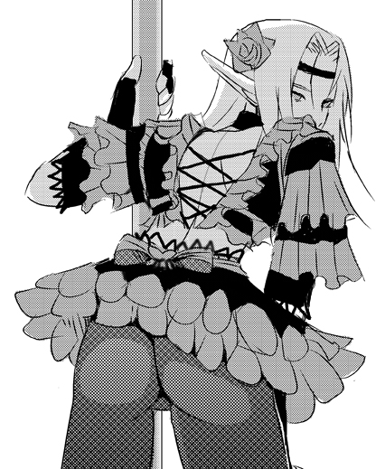 elvaan, final fantasy, final fantasy xi, 00s, 1girl, ass, dancer, elf, female focus, greyscale, monochrome, pointy ears, simple background, solo, upskirt