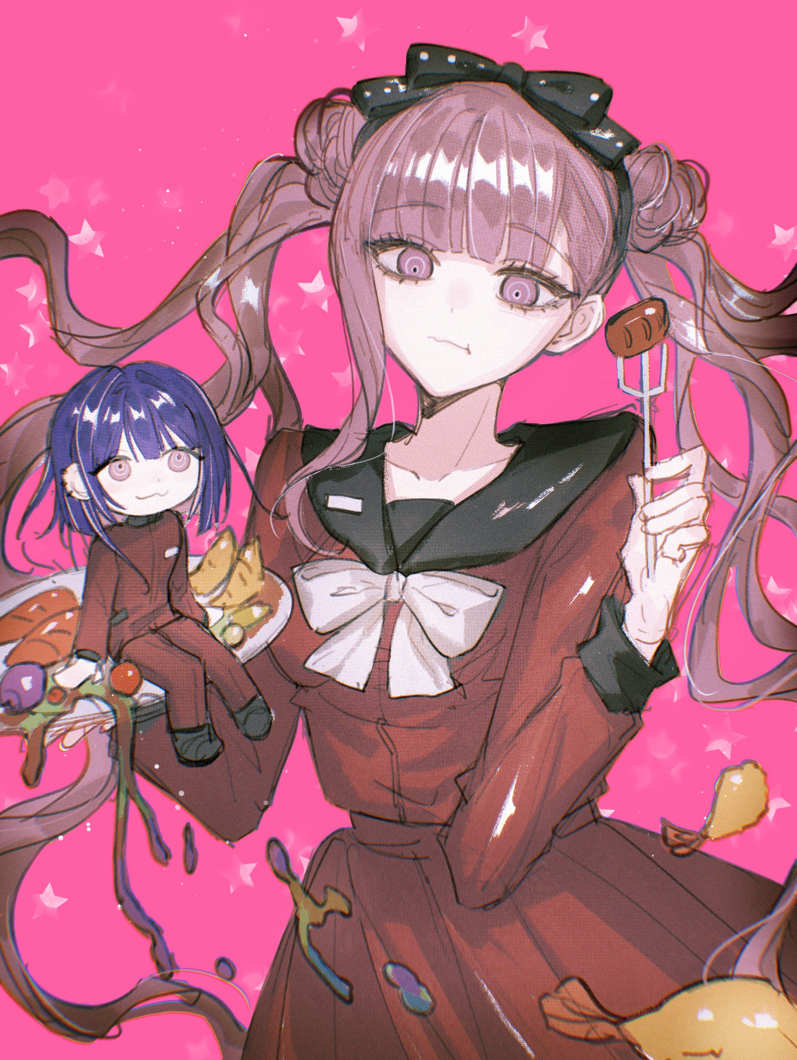 conghuaya, tsukumo ima, tsukumo kako, the hundred line -last defense academy-, chinese commentary, commentary, highres, 1boy, 1girl, :3, :t, black bow, black hairband, black sailor collar, black shoes, bow, bow hairband, bowtie, brother and sister, cowboy shot, double bun, dumpling, ear piercing, food, fork, gakuran, hair bun, hairband, holding, holding fork, holding plate, jacket, jiaozi, long hair, medium hair, mini person, miniboy, multicolored hair, on plate, pants, piercing, pink background, pink eyes, pink hair, plate, purple hair, red jacket, red pants, red serafuku, red skirt, ringed eyes, sailor collar, school uniform, serafuku, shoes, shrimp, shrimp tempura, siblings, sitting, skirt, star (symbol), tempura, twins, twintails, white bow, white bowtie, white streaks