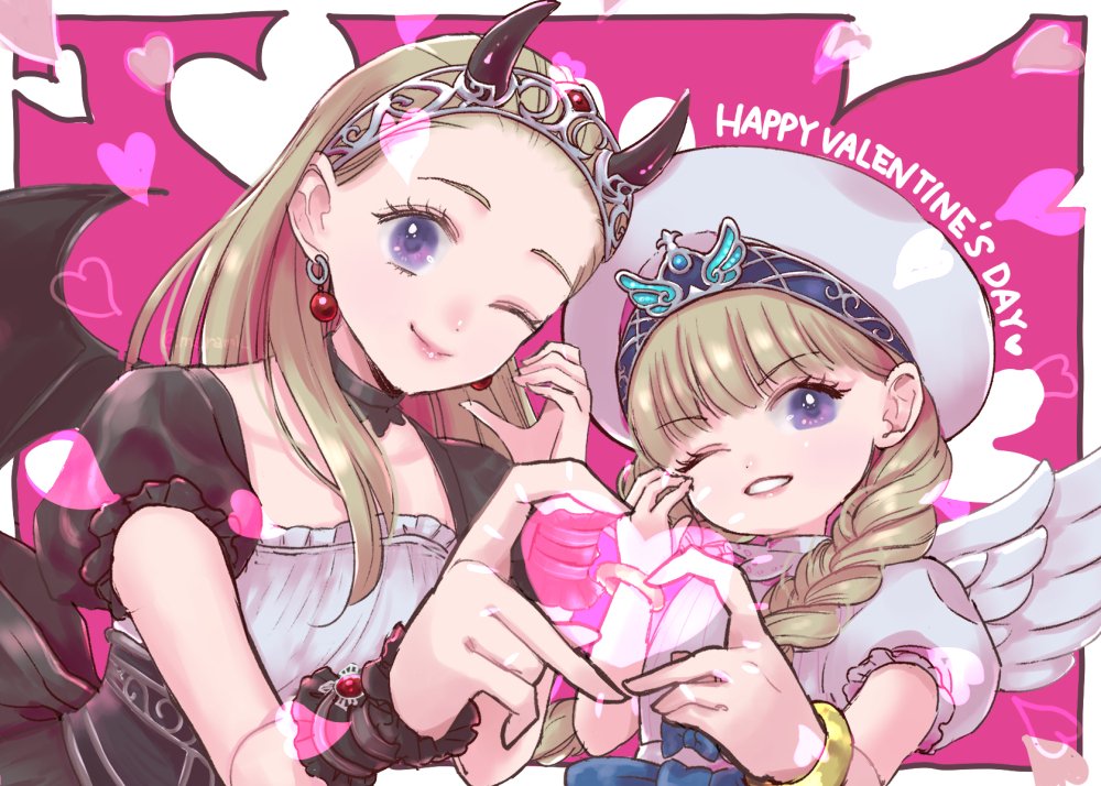 merami, senya (dq11), veronica (dq11), dragon quest, dragon quest xi, commentary request, 2girls, angel and devil, angel wings, bat wings, black dress, black horns, black wings, blonde hair, blue bow, border, bow, bracelet, braid, dress, dress bow, earrings, fake wings, four-finger heart hands, frilled wrist cuffs, frills, gem, grin, hair pulled back, hairband, happy valentine, hat, heart, heart hands, horn hairband, horns, jewelry, long hair, looking at viewer, low twin braids, multiple girls, official alternate costume, one eye closed, pink background, pink lips, puffy short sleeves, puffy sleeves, purple eyes, red gemstone, short sleeves, siblings, silver hairband, sisters, smile, sphere earrings, twin braids, upper body, valentine, white border, white dress, white hat, white wings, wings, wrist cuffs