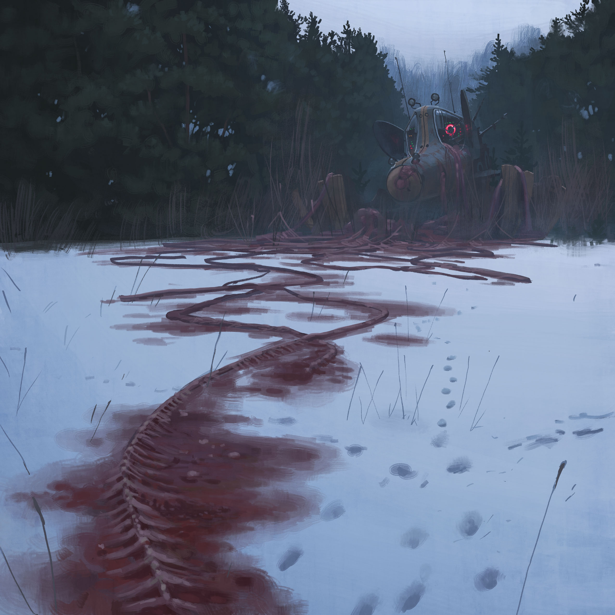 simon stalenhag, absurdres, highres, blood, footprints, forest, grass, horror (theme), nature, no humans, non-humanoid robot, outdoors, radio antenna, robot, science fiction, sky, snow, things from the flood, tree