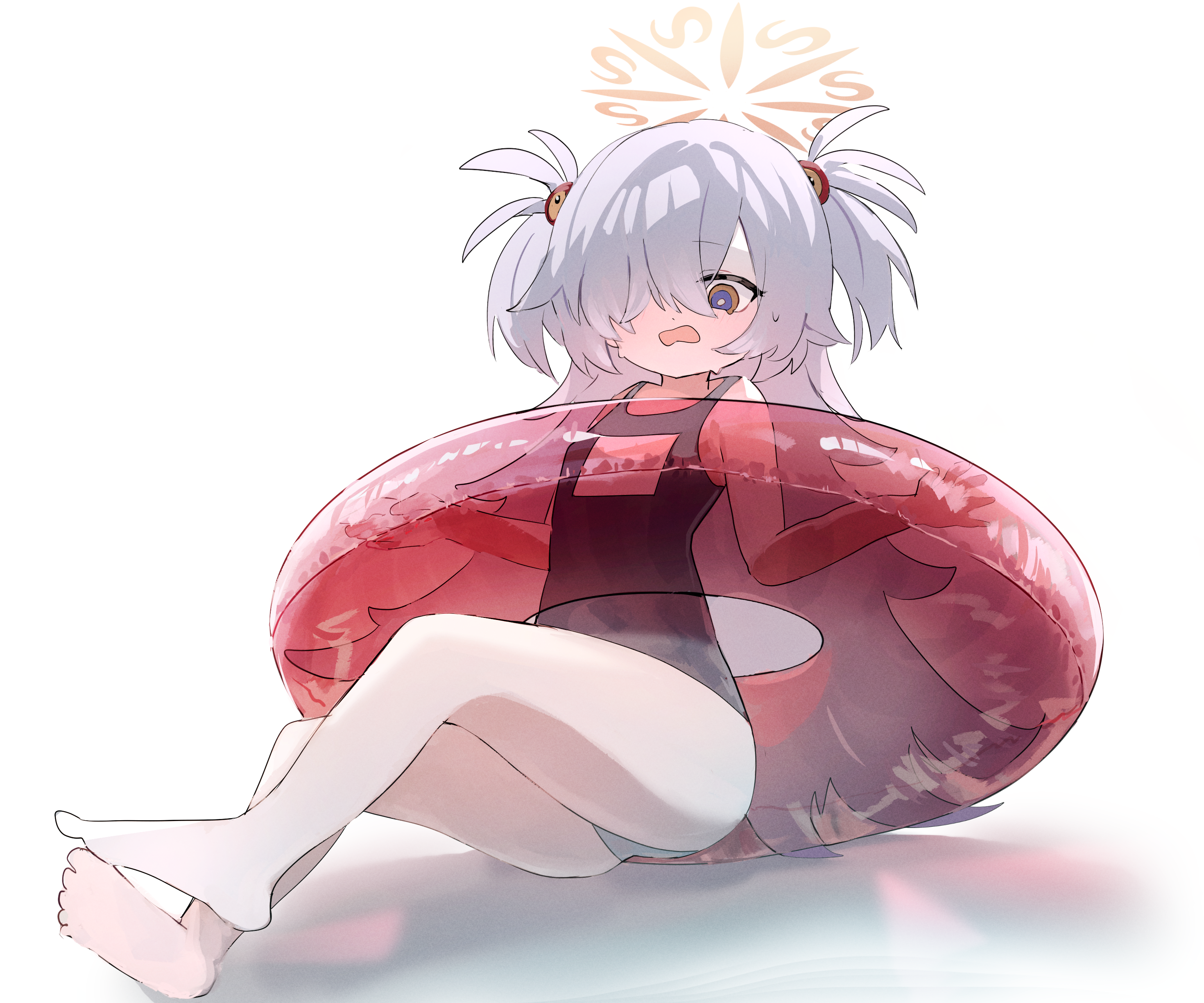 nacoty, kanoe (blue archive), blue archive, absurdres, commentary, highres, 1girl, bare arms, bare legs, bare shoulders, barefoot, embarrassed, feet, full body, grey hair, hair ornament, hair over one eye, halo, innertube, long hair, open mouth, orange eyes, school swimsuit, solo, swim ring, swimsuit, white background