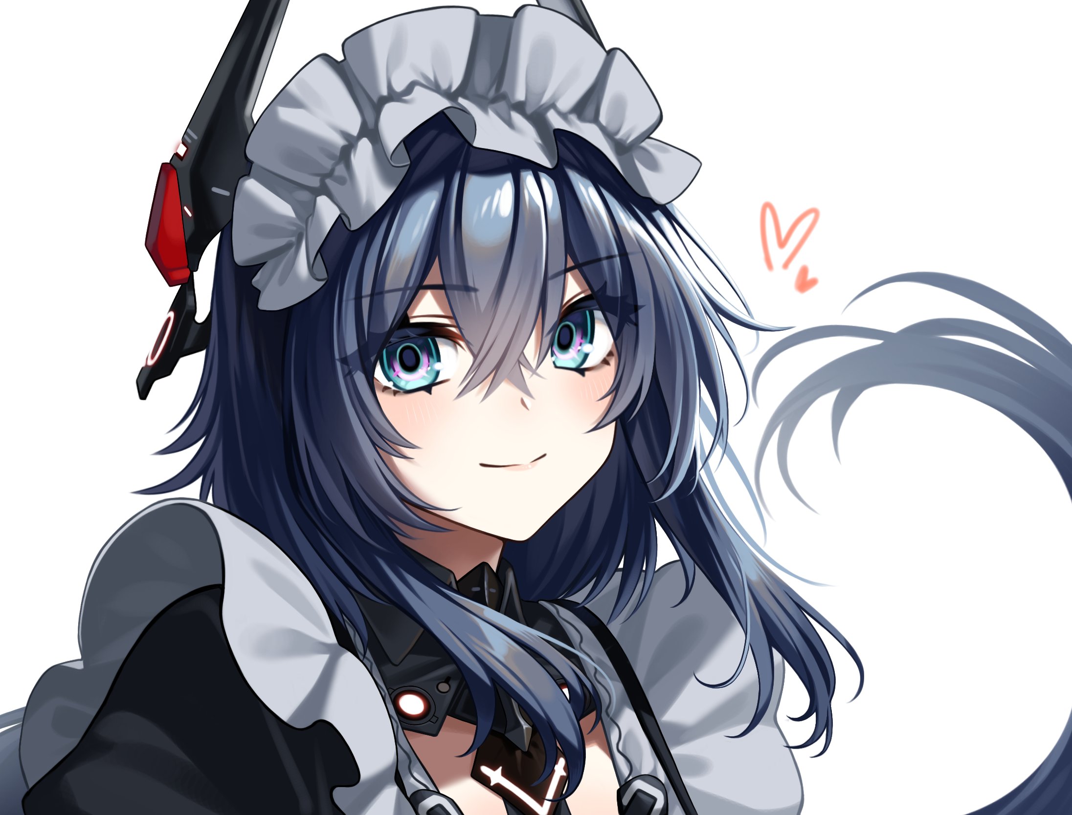 myam (123ab456c), punishing: gray raven, highres, 1girl, apron, black dress, blue eyes, closed mouth, crossed bangs, discord (pgr), dress, grey hair, hair between eyes, headgear, long hair, looking at viewer, maid apron, maid headdress, solo, white apron, white background