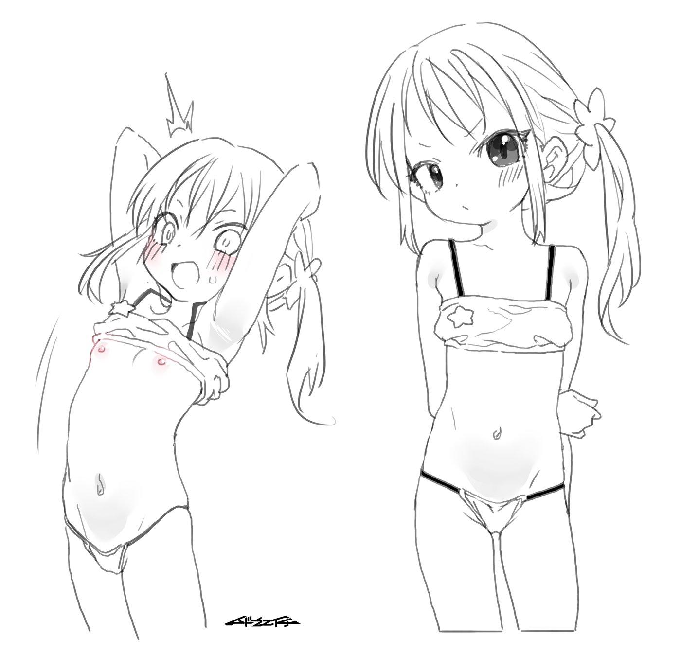 mudou eichi, original, highres, 1girl, ^^^, arms behind back, arms behind head, arms up, bikini, black eyes, blush, embarrassed, hair ornament, hand on own arm, long hair, looking at viewer, navel, nipple slip, nipples, side ponytail, solo, swimsuit, white background