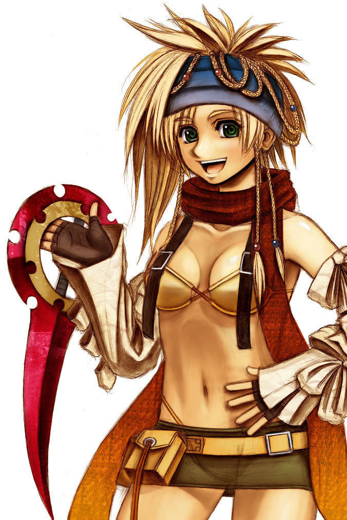 rikku (ff10), final fantasy, final fantasy x, final fantasy x-2, artist request, 00s, 1girl, @ @, bikini, blonde hair, female focus, revealing clothes, ringed eyes, solo, swimsuit, yellow bikini
