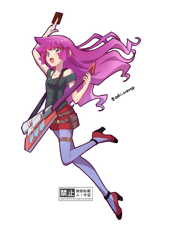 ochi marco, kirishima romin, yu-gi-oh!, yu-gi-oh! sevens, 1girl, black shirt, blue pantyhose, card, duel disk, electric guitar, guitar, holding, holding card, instrument, long hair, pantyhose, purple eyes, purple hair, red skirt, shirt, skirt, solo, trading card