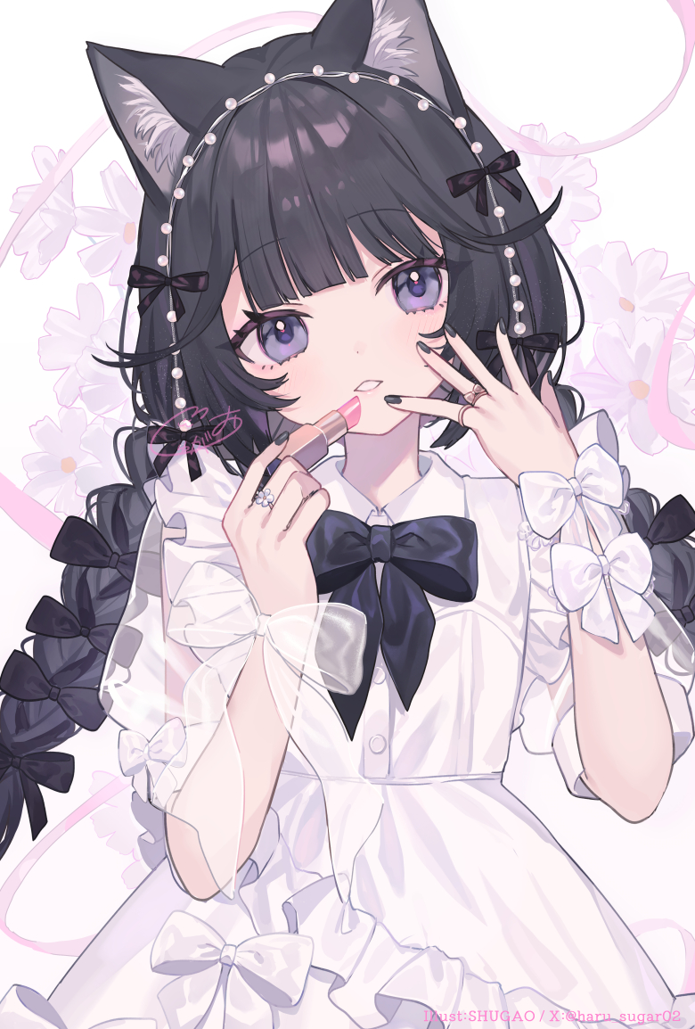shugao, original, 1girl, animal ear fluff, animal ears, applying makeup, black bow, black hair, black nails, blunt bangs, bow, braid, cat ears, cosmetics, dress, floral background, flower, frills, hair bow, hands up, head tilt, holding, holding lipstick tube, jewelry, lipstick, lipstick tube, long hair, looking at viewer, makeup, nail polish, parted lips, purple eyes, ribbon, ring, see-through clothes, short sleeves, solo, twin braids, twintails, white bow, white dress