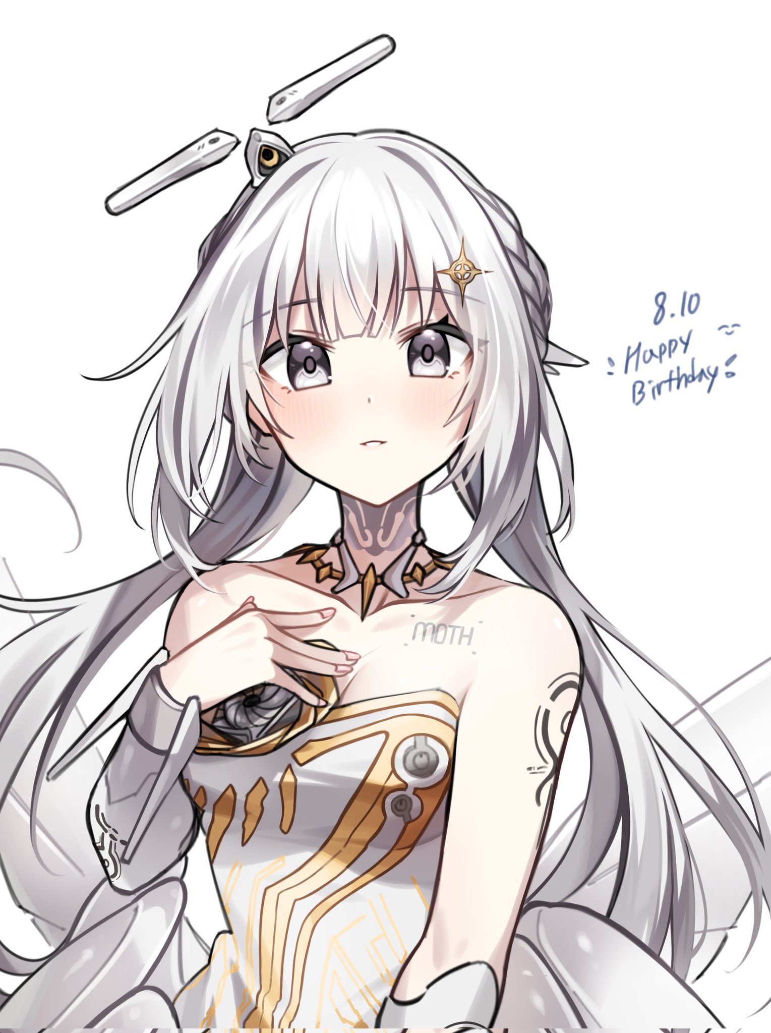 myam (123ab456c), liv: empyrea (wings of dawn) (pgr), liv (pgr), punishing: gray raven, highres, 1girl, bare shoulders, chest tattoo, dated, dress, green eyes, grey dress, grey hair, hair ornament, halo, happy birthday, jewelry, looking at viewer, mechabare, mechanical halo, neck tattoo, necklace, parted lips, solo, tattoo, white background