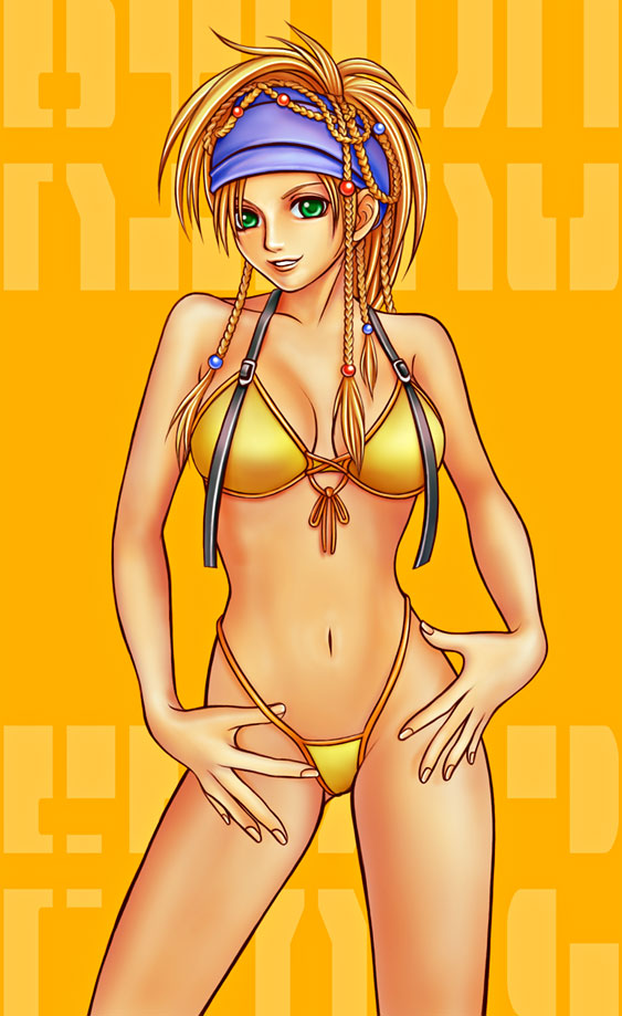 suhara (protea), rikku (ff10), final fantasy, final fantasy x, final fantasy x-2, square enix, 00s, 1girl, bikini, blonde hair, braid, female focus, green eyes, headband, highleg, highleg bikini, orange background, solo, swimsuit, yellow bikini
