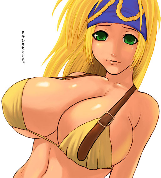 rikku (ff10), final fantasy, final fantasy x, final fantasy x-2, 00s, 1girl, blonde hair, breasts, buckle, female focus, green eyes, huge breasts, large breasts, midriff, solo