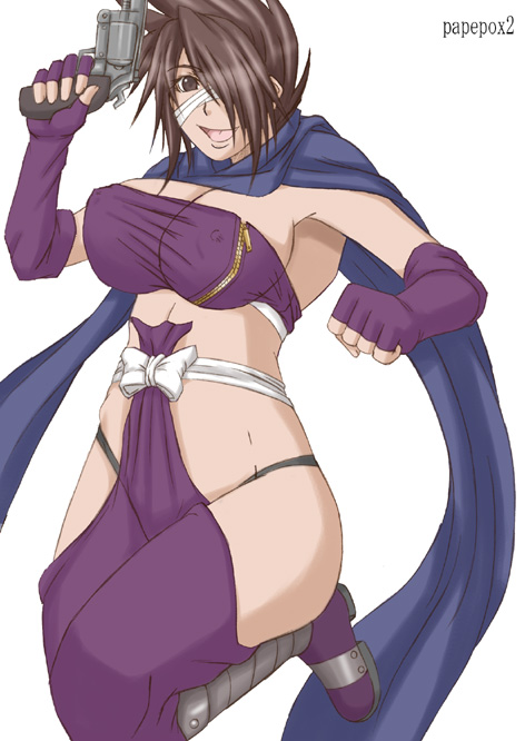 oomido setsuna, grenadier (manga), 00s, breasts, brown eyes, brown hair, cleavage, covered erect nipples, fingerless gloves, gloves, gun, hair over one eye, handgun, revolver, scarf, short hair, weapon