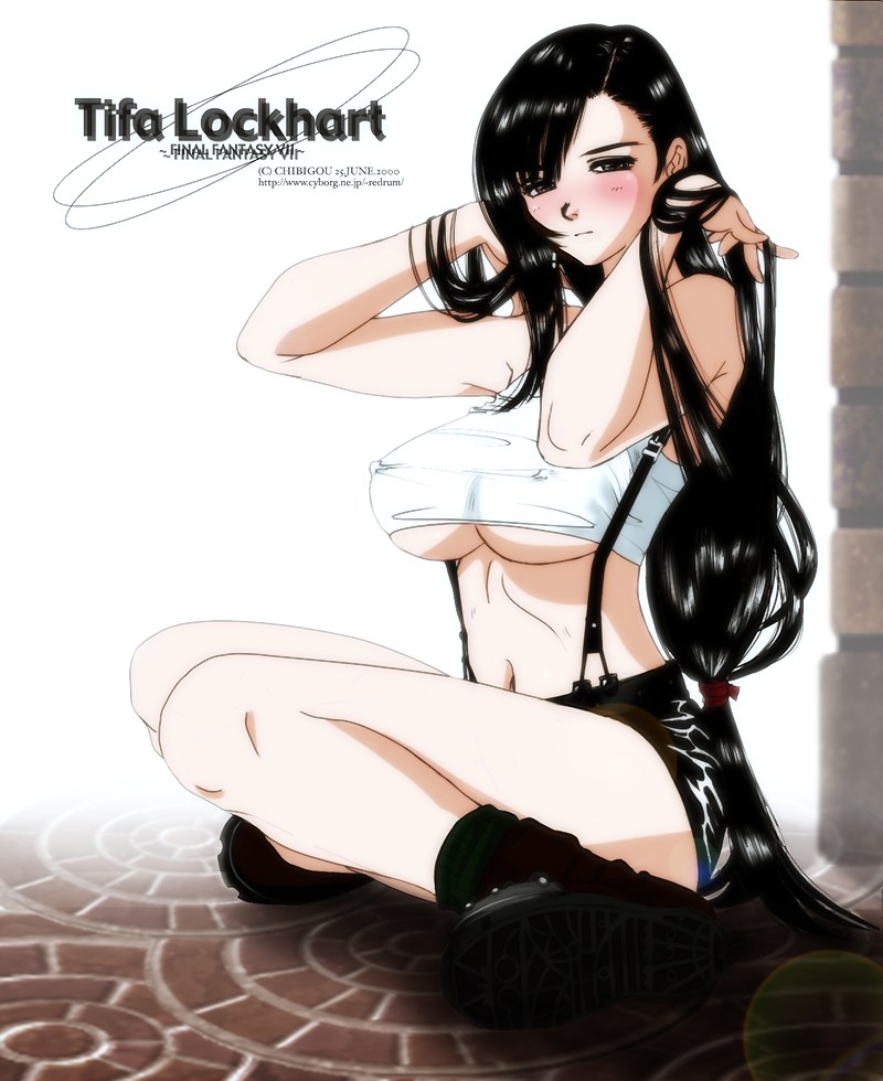 chibigou, tifa lockhart, final fantasy, final fantasy vii, 1990s (style), 1girl, breasts, character name, copyright name, covered erect nipples, female focus, large breasts, long hair, low-tied long hair, retro artstyle, skirt, solo, suspender skirt, suspenders, underboob