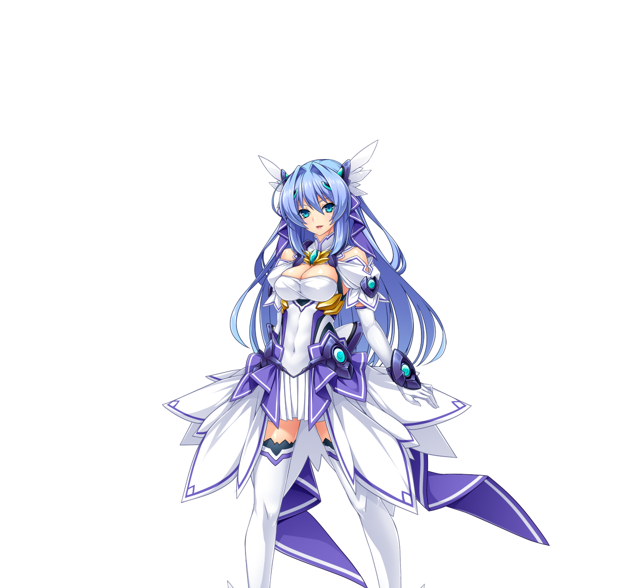 inoino, katsuragi marina, kouyoku senki exs-tia, game cg, large variant set, non-web source, official art, variant set, 1girl, aqua eyes, blue eyes, blue hair, breasts, celestia (exs-tia), chest jewel, cleavage, covered navel, dress, elbow gloves, gloves, hair ornament, head wings, large breasts, long hair, looking at viewer, open mouth, skirt, smile, solo, standing, thighhighs, transparent background, white dress, white gloves, white thighhighs, wings, zettai ryouiki