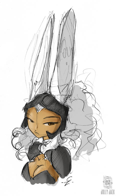 jolly jack, fran (ff12), final fantasy, final fantasy xii, 00s, 1girl, animal ears, breasts, dark-skinned female, dark skin, female focus, rabbit ears, simple background, sketch, solo, viera
