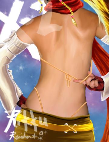 rikku (ff10), final fantasy, final fantasy x, final fantasy x-2, lowres, 00s, 1girl, back, back focus, character name, female focus, solo