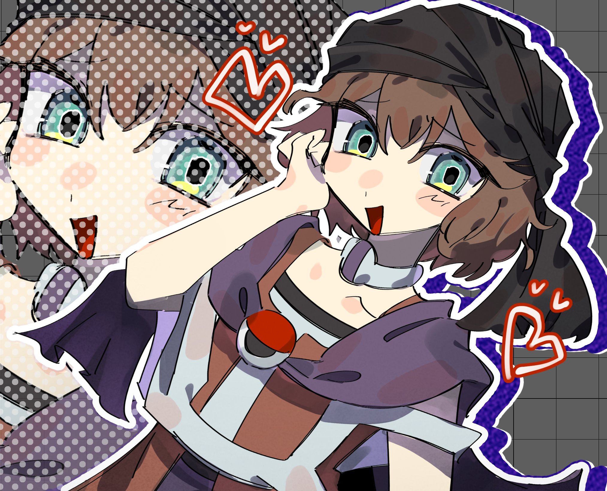 cine hamal, kuzu suzumi, len'en, highres, 1other, androgynous, bandana, bare arms, black bandana, blue eyes, blush stickers, brooch, brown hair, choker, collarbone, dot nose, drop shadow, eye brooch, grey background, grid background, hair between eyes, halftone, halftone background, hand on own cheek, hand on own face, happy, heart, jacket, jewelry, looking at viewer, open mouth, orange jacket, other focus, outline, purple scarf, purple shirt, renkonn umum, scarf, shirt, short hair, sleeveless, sleeveless jacket, sleeveless shirt, smile, solo, turban, two-tone shirt, upper body, white choker, white outline, white shirt, zoom layer