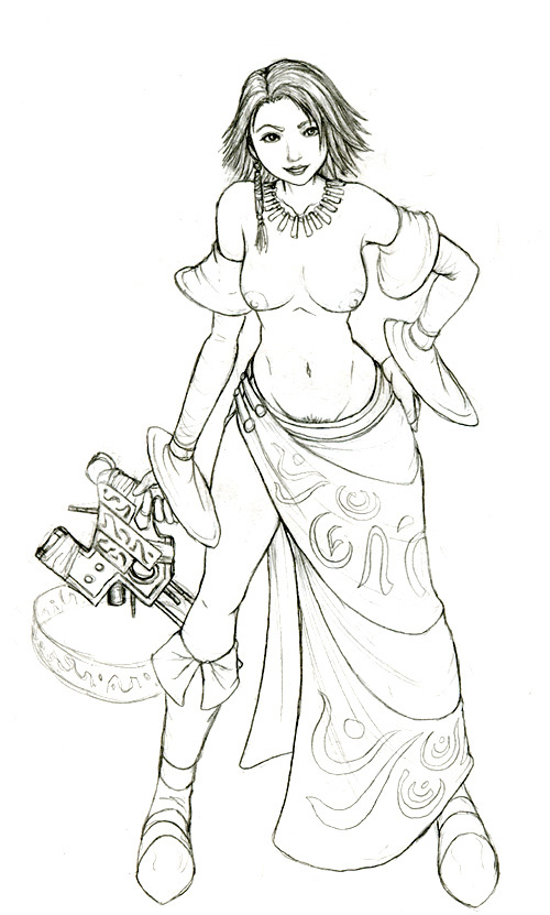 blue mage (final fantasy), yuna, yuna (ff10), final fantasy, final fantasy x, final fantasy x-2, 00s, 1girl, alternate costume, boots, female focus, female pubic hair, greyscale, gun mage, knee boots, monochrome, nipples, pubic hair, solo, topless female
