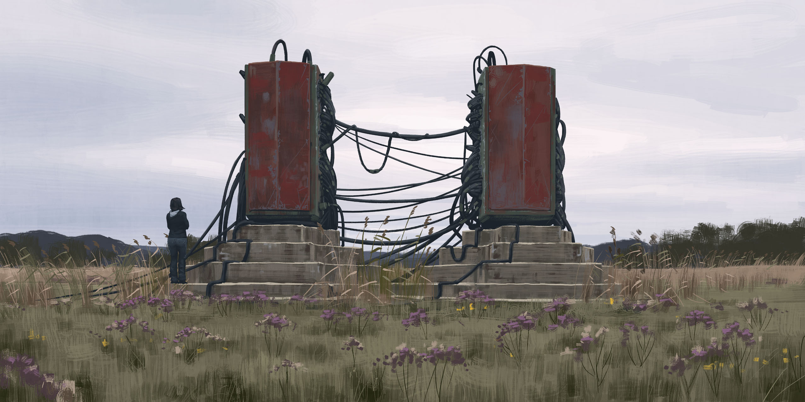simon stalenhag, highres, 1girl, black hair, black jacket, cable, cloud, cloudy sky, day, denim, field, flower, grass, jacket, jeans, pants, science fiction, sky, stairs, standing, things from the flood