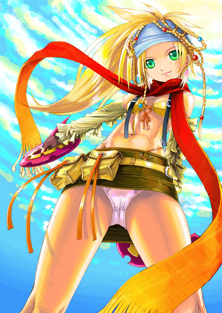 rikku (ff10), final fantasy, final fantasy x, final fantasy x-2, 00s, 1girl, female focus, from below, revealing clothes, solo, upskirt