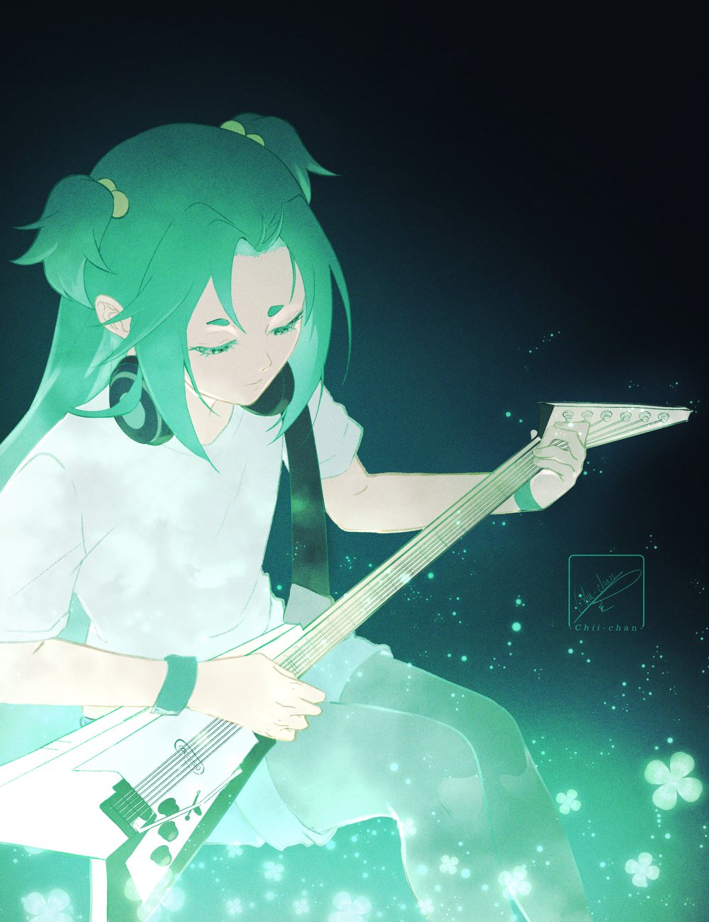 chii chan art, lucky cyan (to be hero x), to be hero, to be hero x, highres, aqua hair, clover, guitar, headphones, headphones around neck, holding, holding instrument, instrument, music, playing instrument, shirt, white shirt