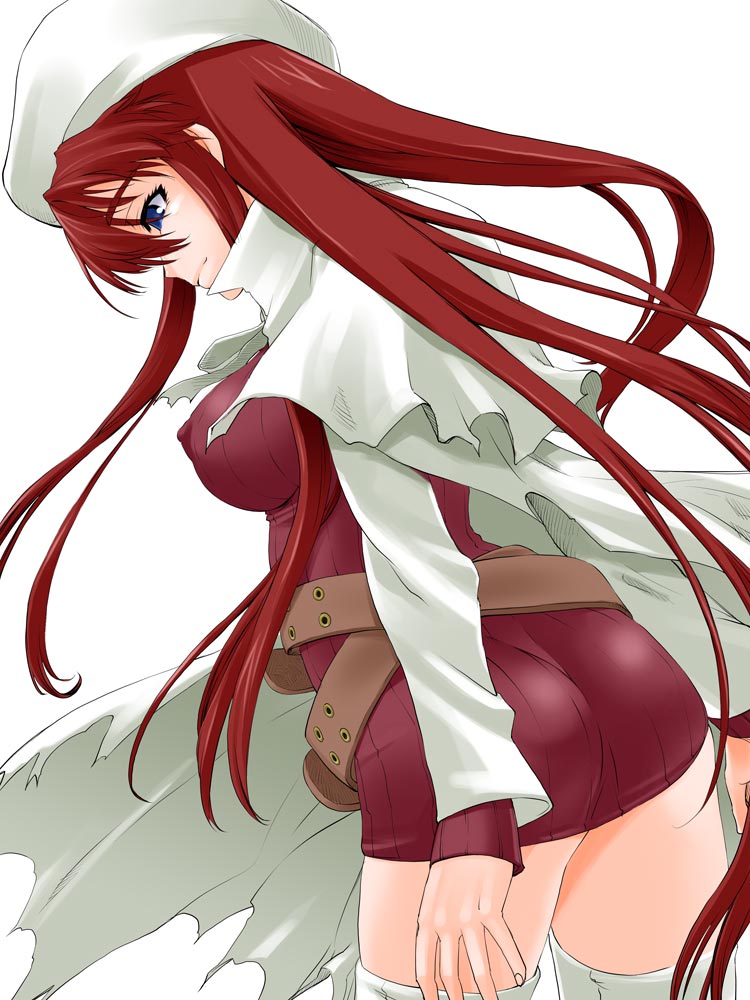 shinama, aty, aty (summon night), summon night, summon night 3, 1girl, ass, belt, belt skirt, beret, blue eyes, breasts, cape, covered erect nipples, female focus, hat, large breasts, long hair, red hair, solo, sweater, thighhighs