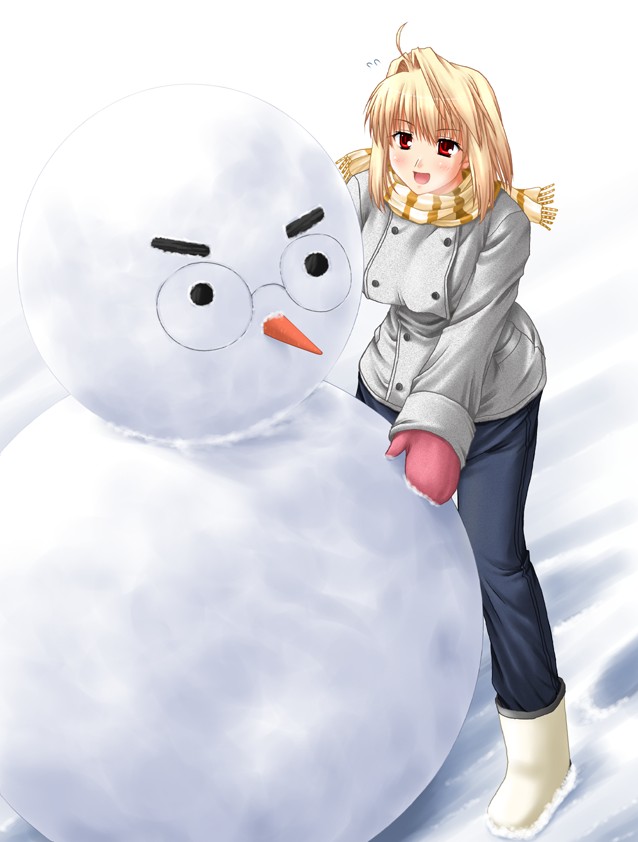 miyai sen, arcueid brunestud, tsukihime, 00s, blonde hair, scarf, snowman, solo