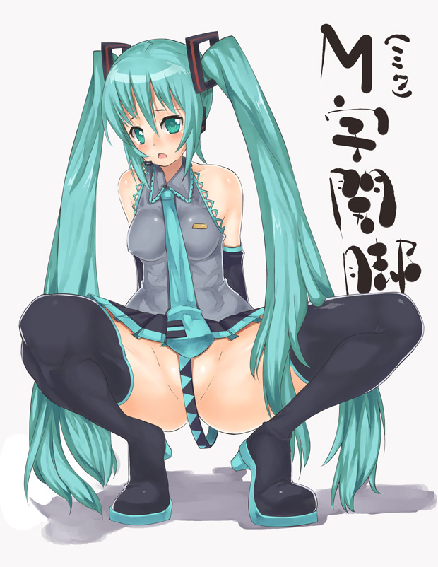 nagase haruhito, hatsune miku, vocaloid, 1girl, aqua eyes, aqua hair, bottomless, censored, convenient censoring, female focus, long hair, no panties, skirt, solo, spread legs, squatting, thighhighs, twintails, very long hair