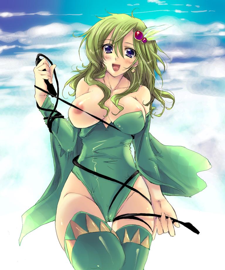 flieger, rydia (adult) (ff4), rydia (ff4), final fantasy, final fantasy iv, 1990s (style), 1girl, blush, breasts, cameltoe, detached sleeves, female focus, green hair, hip focus, large breasts, leotard, outdoors, purple eyes, retro artstyle, sky, solo, thighhighs, whip, wide hips