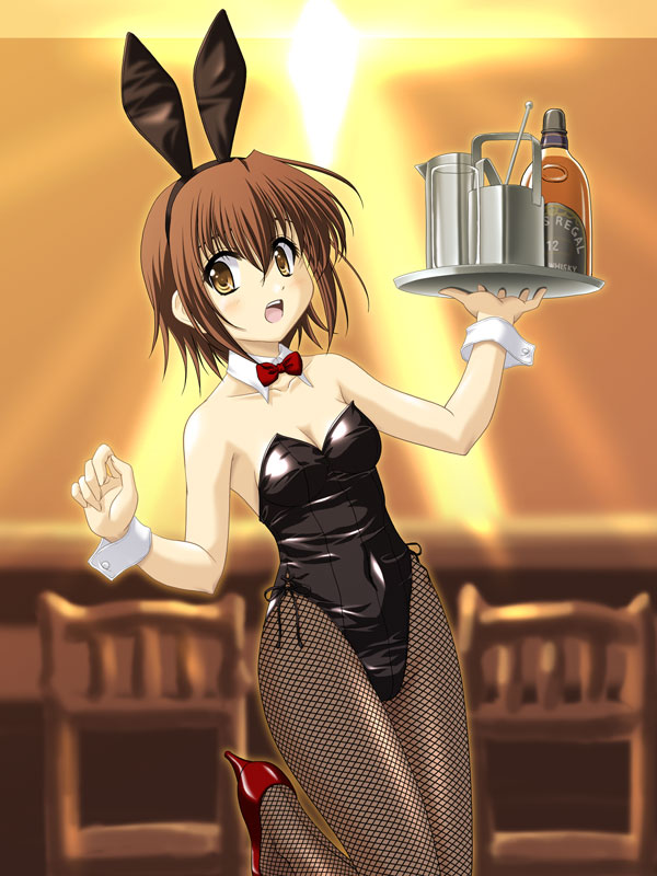 masakichi (crossroad), mamoru (sister princess), sister princess, 00s, alcohol, animal ears, fake animal ears, fishnet pantyhose, fishnets, pantyhose, playboy bunny, rabbit ears, whiskey