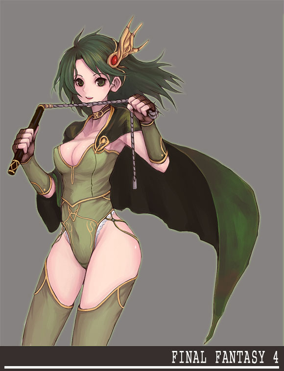 kara (color), rydia (adult) (ff4), rydia (ff4), final fantasy, final fantasy iv, 1990s (style), 1girl, breasts, cape, cleavage, copyright name, female focus, fingerless gloves, gloves, green hair, leotard, panties, retro artstyle, simple background, solo, thighhighs, underwear, whip