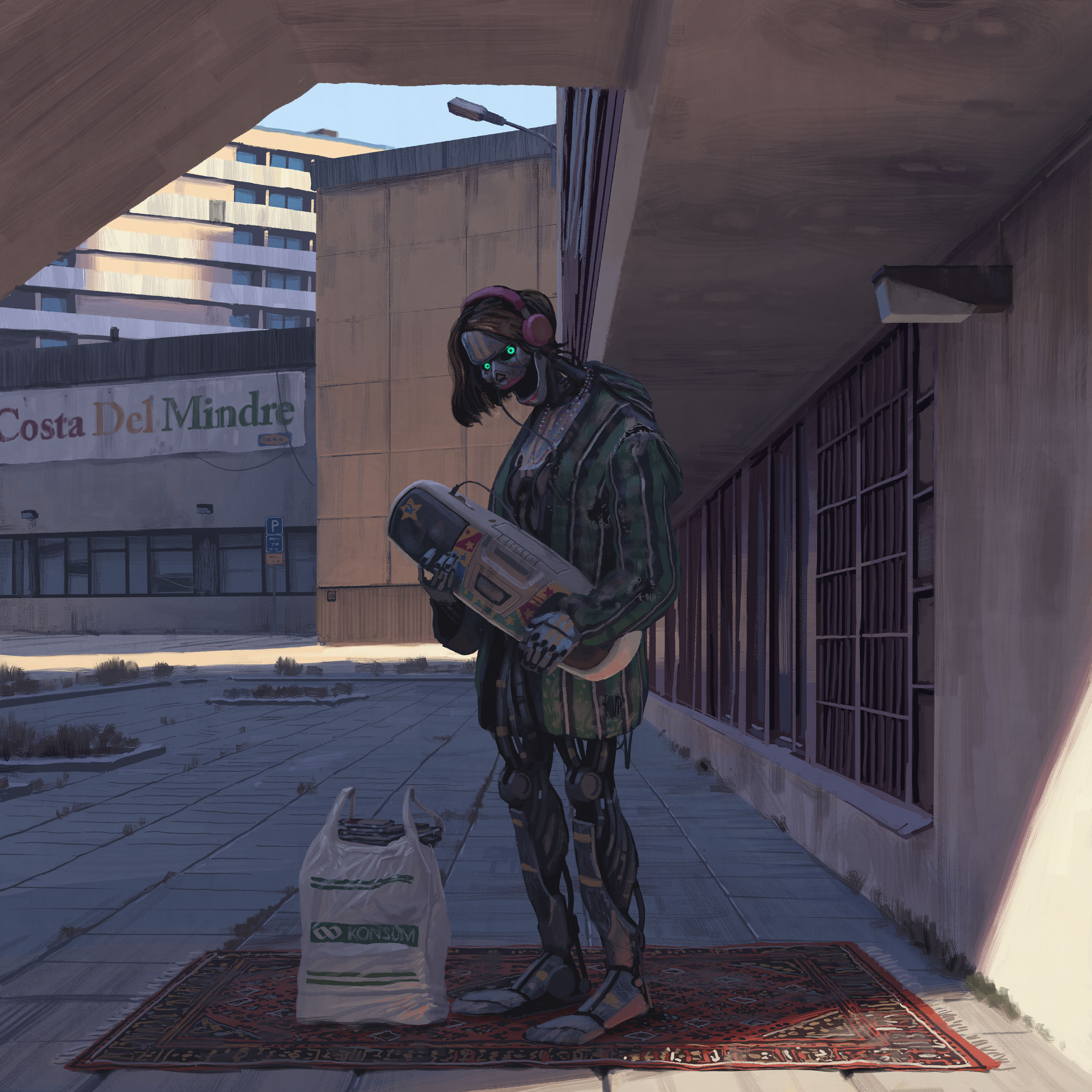 simon stalenhag, absurdres, highres, 1girl, bag, brown hair, building, cable, clothed robot, day, green eyes, green jacket, headphones, holding boombox, humanoid robot, jacket, lamppost, looking at viewer, medium hair, outdoors, robot, rug, science fiction, shopping bag, solo, standing, things from the flood