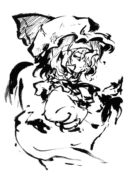 tokiame, remilia scarlet, touhou, 1girl, closed mouth, dress, expressionless, female focus, from side, greyscale, hat, mob cap, monochrome, puffy short sleeves, puffy sleeves, short sleeves, simple background, solo, upper body, white background