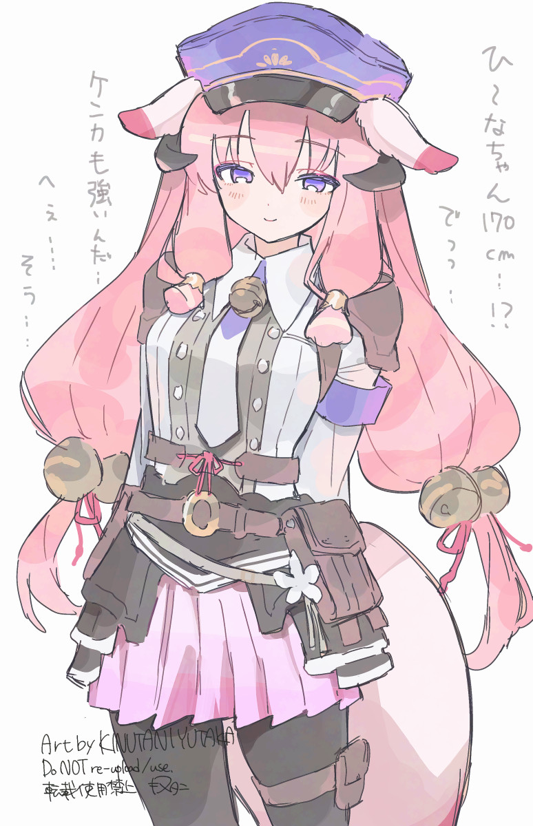 kinutani yutaka, hina (rune factory), rune factory, rune factory: guardians of azuma, highres, translation request, 1girl, animal ears, armor, arms behind back, bell, belt pouch, black pantyhose, breasts, cowboy shot, hair bell, hair ornament, hat, horns, long hair, long sleeves, looking at viewer, low-tied long hair, medium breasts, necktie, pantyhose, pauldrons, pink hair, pink skirt, pleated skirt, pouch, purple eyes, purple hat, shirt, shoulder armor, skirt, smile, solo, standing, white background, white shirt
