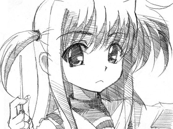 gofu, arisa bunnings, lyrical nanoha, mahou shoujo lyrical nanoha, traditional media, 00s, greyscale, monochrome, sketch, solo