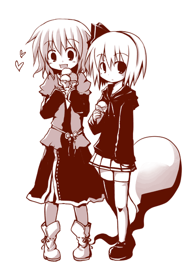 dorua (dollar), konpaku youmu, konpaku youmu (ghost), saigyouji yuyuko, touhou, 2girls, casual, female focus, monochrome, multiple girls, red theme