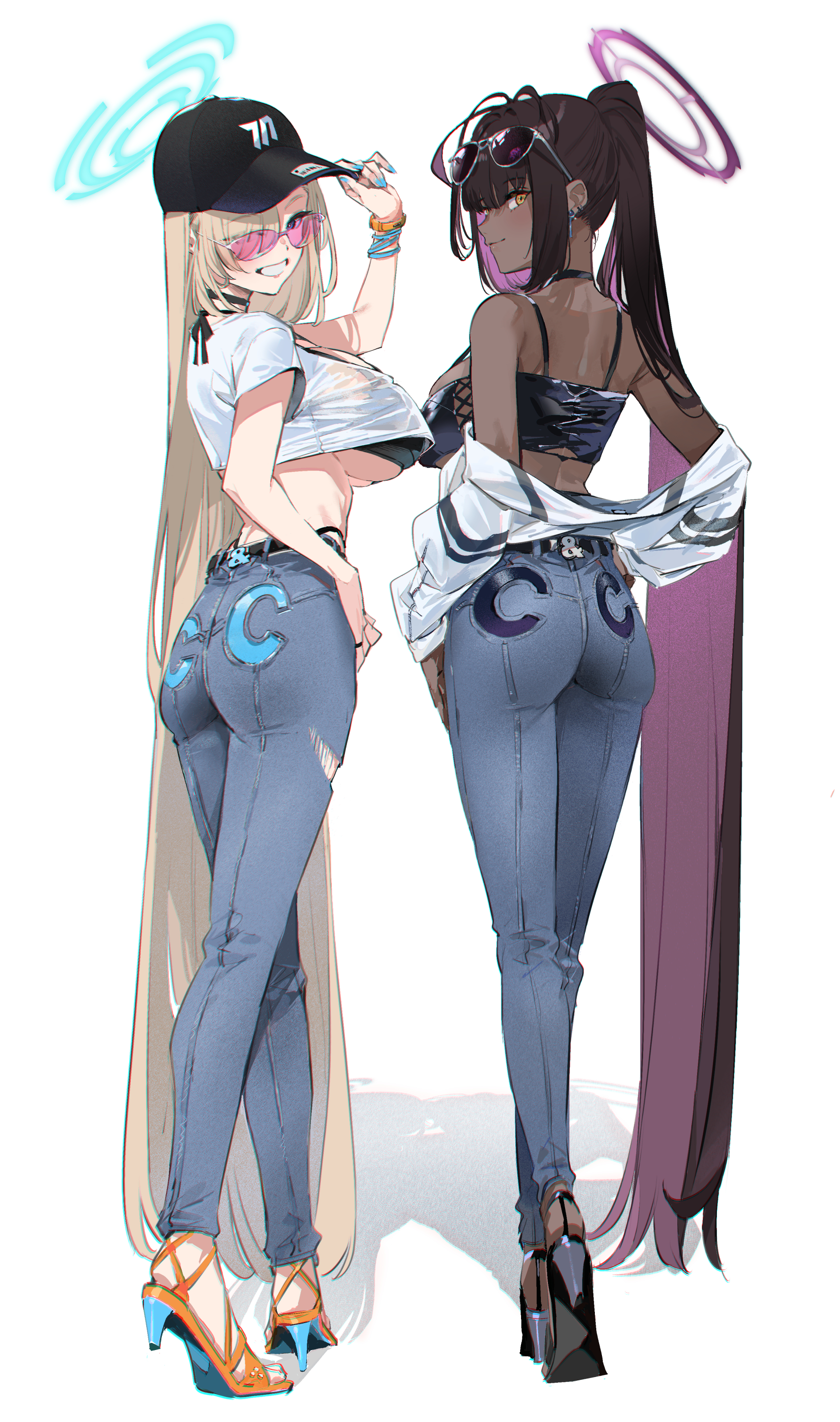 kurotsuki machi, asuna (blue archive), karin (blue archive), blue archive, absurdres, commentary, highres, 2girls, ass, ass focus, bangle, baseball cap, belt, black choker, black hat, blonde hair, blue halo, blue pants, blunt bangs, bracelet, breasts, brown hair, choker, colored inner hair, crop top, crossed legs, dark-skinned female, dark skin, denim, earrings, eyewear on head, full body, grin, hair over one eye, halo, hand on headwear, hands on own hips, hat, high heels, high ponytail, jacket, jeans, jewelry, large breasts, long hair, looking at viewer, looking back, multicolored hair, multiple girls, nape, off shoulder, pants, pink hair, ponytail, purple halo, ring, shirt, simple background, smile, standing, sunglasses, torn clothes, torn jeans, torn pants, two-tone hair, underboob, very long hair, watson cross, white background, white jacket, white shirt, yellow eyes