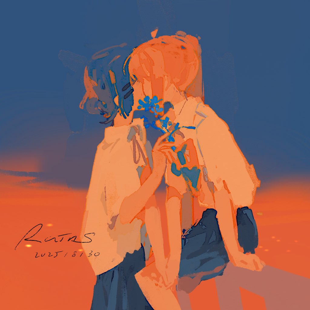 rainsong1107, ijichi nijika, yamada ryo, bocchi the rock!, 2girls, ahoge, blonde hair, blue hair, blue skirt, flower, hair ornament, holding, holding flower, kiss, multiple girls, neck ribbon, ribbon, shirt, side ponytail, skirt, sunset, white shirt, yuri