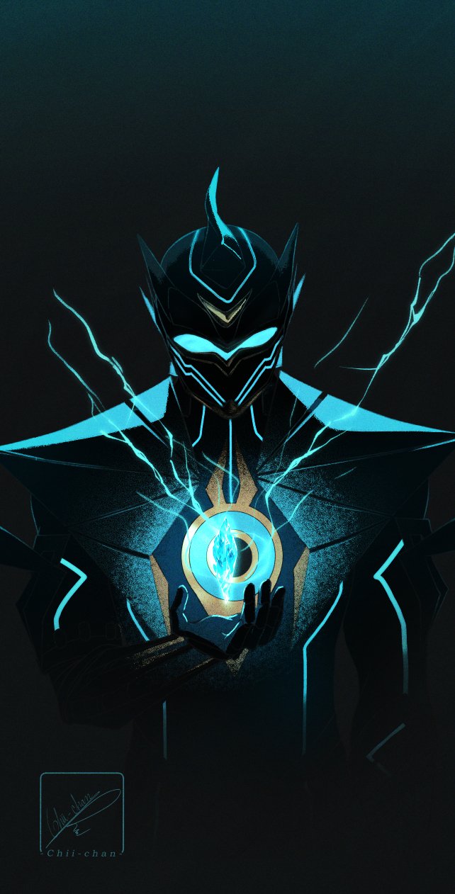 chii chan art, e-soul (to be hero x), to be hero, to be hero x, highres, 1boy, armor, crystal, electricity, electrokinesis, glowing crystal, helmet, holding, holding crystal, power armor