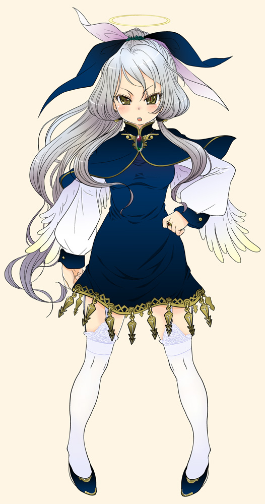 mikazukimo, original, lace-trimmed legwear, 1girl, :o, blue dress, blue shoes, blush, brooch, capelet, dress, feathered wings, female focus, full body, garter straps, grey hair, hair ribbon, halo, hand on own hip, jewelry, lace, lace trim, legs apart, long hair, long sleeves, looking at viewer, open mouth, pigeon-toed, ponytail, puffy long sleeves, puffy sleeves, ribbon, ring, shoes, short dress, sidelocks, simple background, slit pupils, solo, standing, swept bangs, thighhighs, tsurime, very long hair, wavy hair, white thighhighs, white wings, wings, yellow eyes