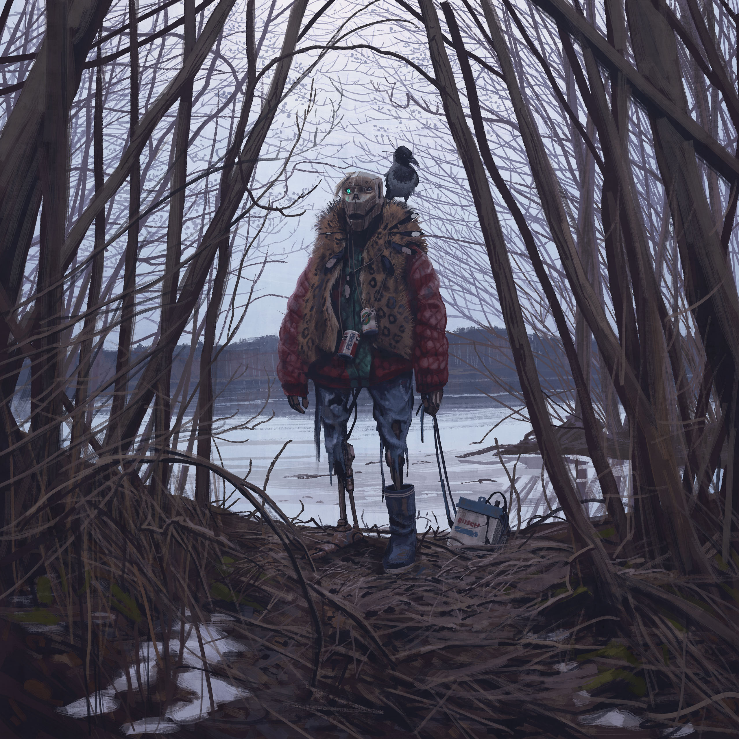 simon stalenhag, pepsi, absurdres, highres, 1boy, animal print, bare tree, bird, blue pants, clothed robot, day, feathers, forest, green eyes, humanoid robot, jacket, jewelry, lake, leopard print, long sleeves, nature, necklace, one-eyed, outdoors, pants, red jacket, robot, science fiction, snow, things from the flood, torn clothes, tree, water