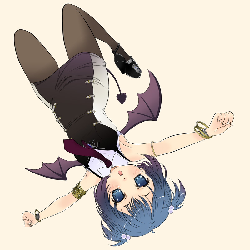 mikazukimo, original, 1girl, :o, armlet, bat wings, black pantyhose, black shoes, blue eyes, blue hair, bracelet, buckle, demon tail, dress, female focus, full body, hair bobbles, hair ornament, high heels, jewelry, matching hair/eyes, necktie, open mouth, outstretched arms, pantyhose, purple necktie, shoes, short dress, simple background, sleeveless, solo, spread arms, tail, thighhighs, twintails, upside-down, wing collar, wings