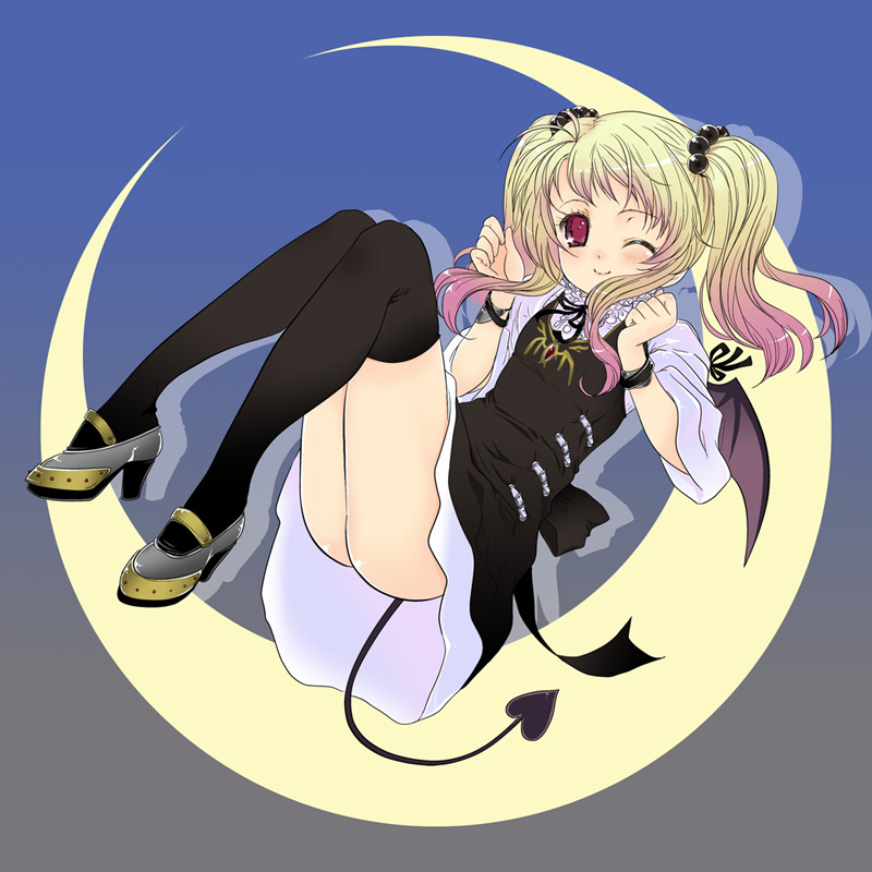 mikazukimo, original, ass, blonde hair, legs, one eye closed, red eyes, solo, thighhighs, wink