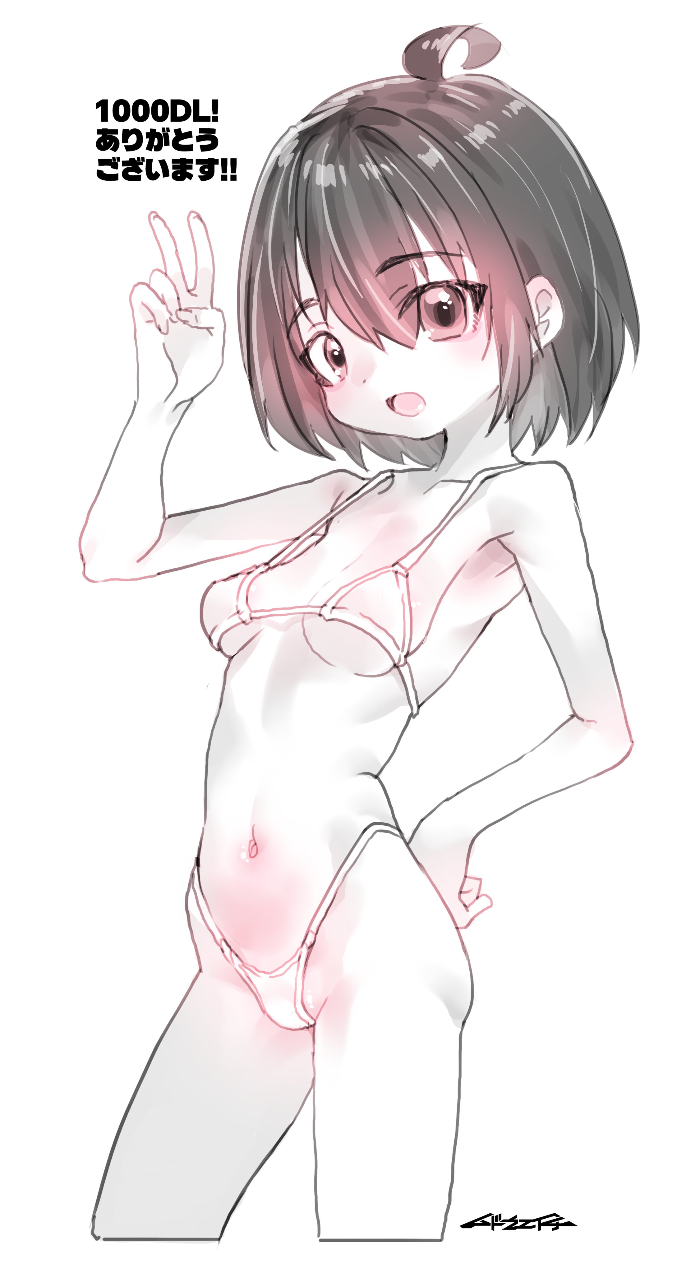 mudou eichi, original, absurdres, highres, 1girl, ahoge, arms up, bikini, black hair, breasts, hand on own hip, looking at viewer, navel, short hair, small breasts, solo, swimsuit, v, white background, white bikini