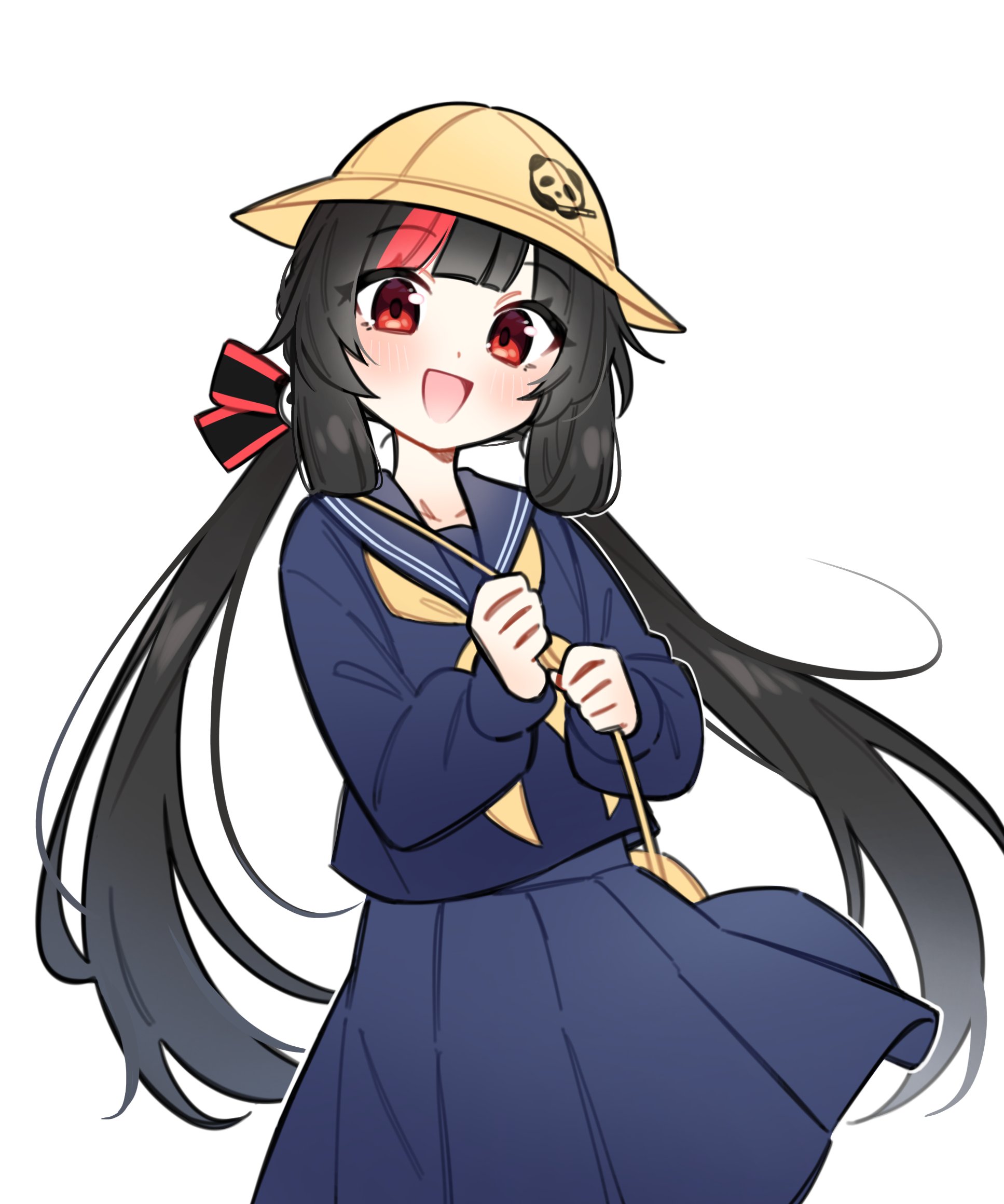 myam (123ab456c), pulao (pgr), punishing: gray raven, highres, 1girl, animal print, bear print, black hair, blue sailor collar, blue shirt, blue skirt, hair rings, hat, long hair, official alternate costume, open mouth, panda print, red eyes, red streaks, sailor collar, shirt, skirt, solo, twintails, very long hair, yellow hat